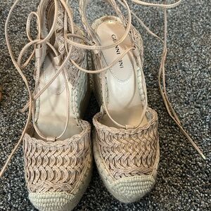 Gianni Bini Beige Lace-Up Espadrille Wedges